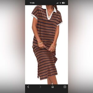 Brown and Black Striped Dress with White Collar